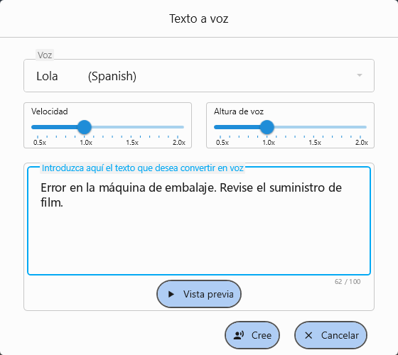Pantalla Text to Speech. Seleccione una voz, ajuste la velocidad y el tono, y genere voz a partir del texto introducido.