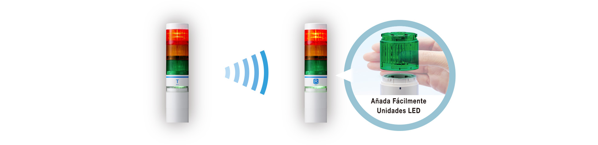 Transmisor (T) y receptor (R) enlazados por radio; una mano coloca una unidad LED verde sobre la torre: se pueden añadir fácilmente unidades LED